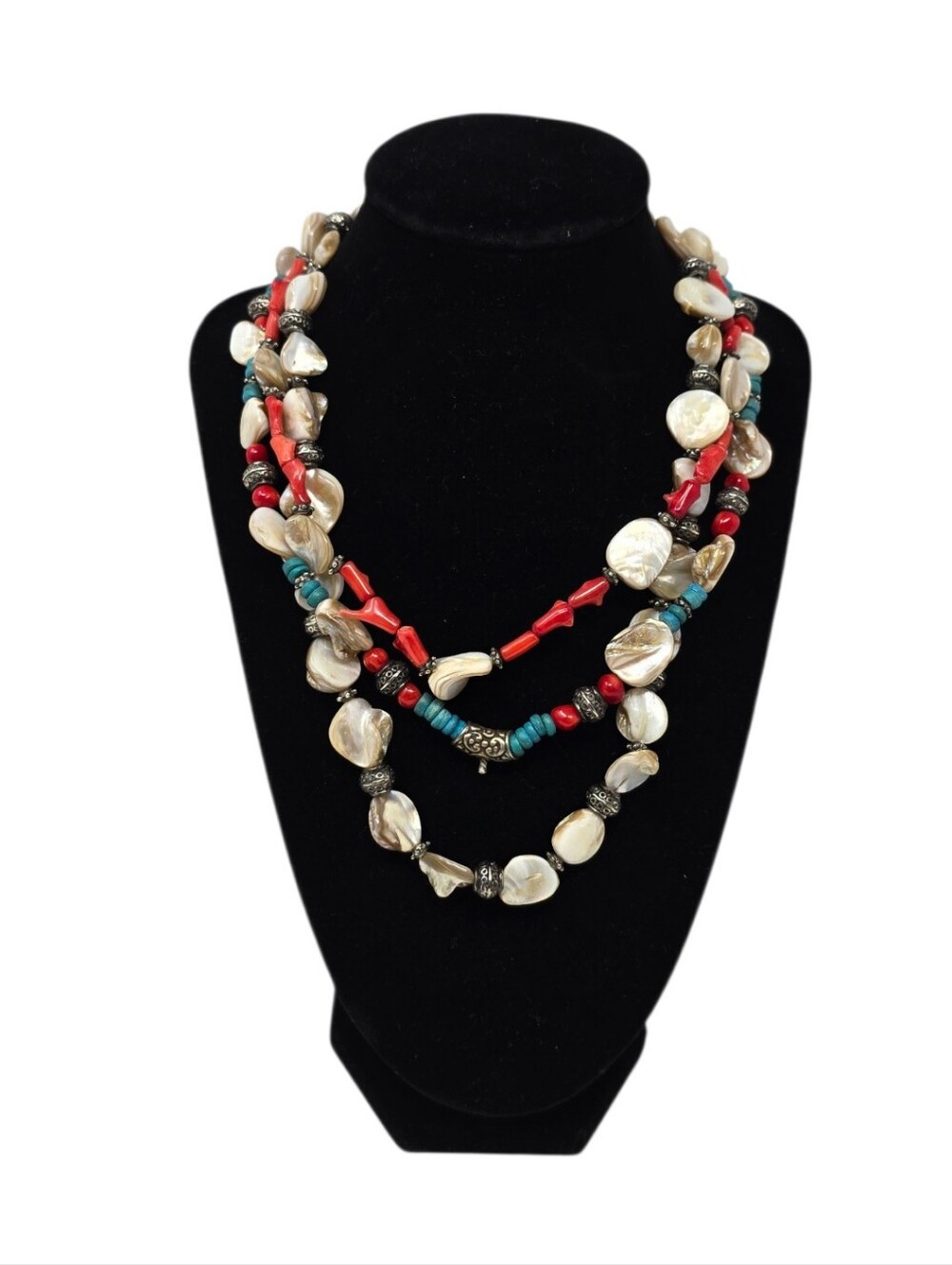 Artisan Tibetan Inspired Triple Strand Shell & Coral Beaded Collar Necklace